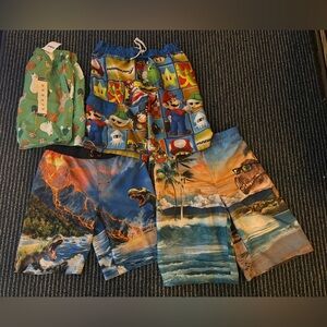Lot Of 4 Boys Size 10/12 Swim Trunk T-Rex Dinosaurs Mario Kart Yoshi Tropical
